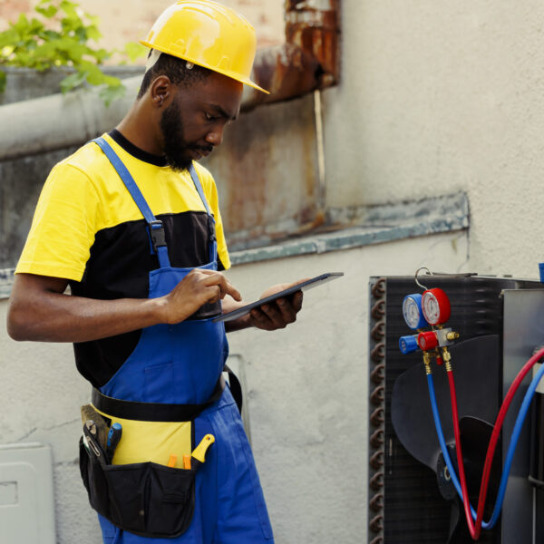 Expert repairman doing condenser investigations, filter replacements and necessary fixes to prevent major breakdowns. Proficient worker checking up hvac system, writing findings on clipboard